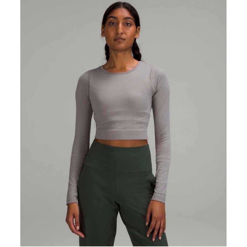 Lululemon Ebb to Street Long Sleeve Women 4 Grey Excellent Ribbed Crop Top